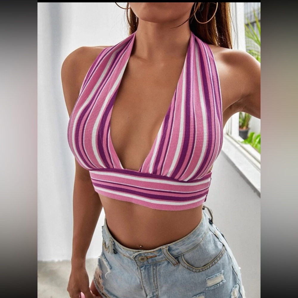 🍓 3/$10 SHEIN VCAY Striped Tie Back Crop Halter Top